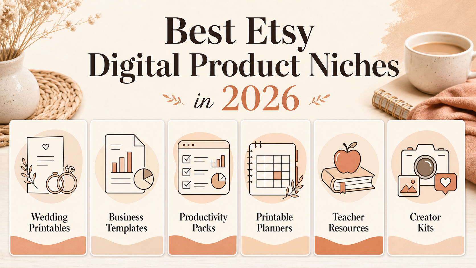 Summary graphic showing six promising Etsy digital product niches in 2026