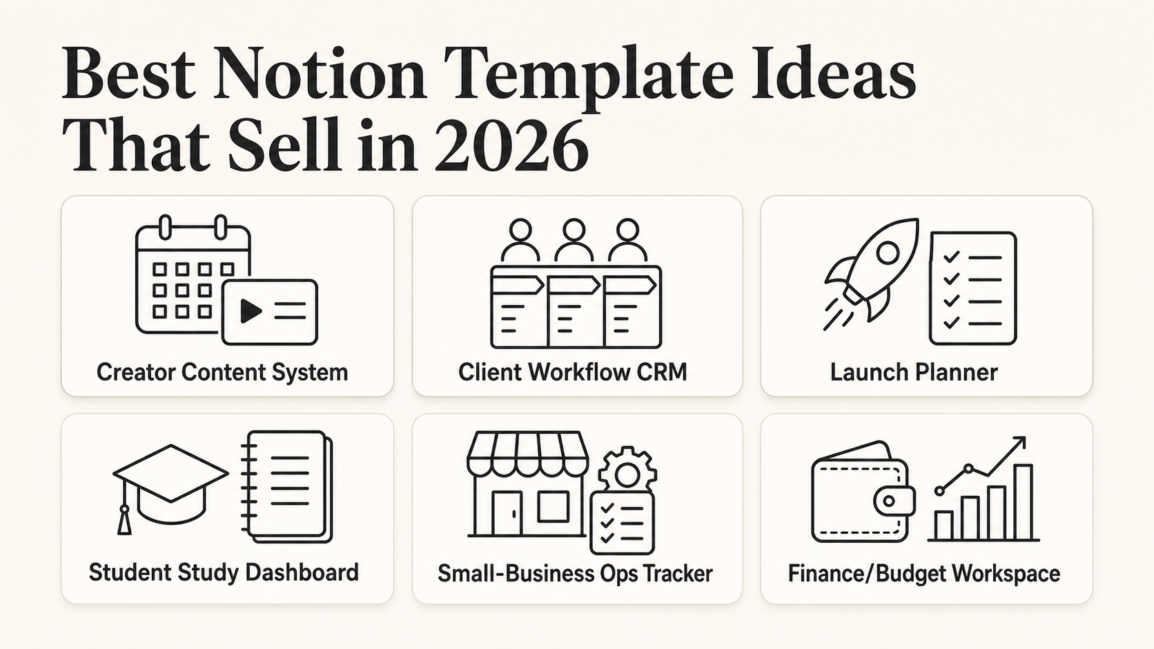 Summary graphic showing six Notion template ideas that sell in 2026
