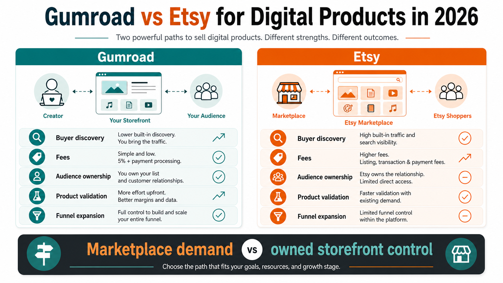 Gumroad vs Etsy summary graphic comparing discovery, audience control, validation, and funnel expansion