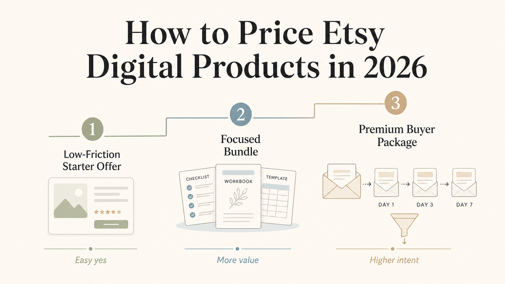 Pricing ladder for Etsy digital products showing starter offer, focused bundle, and premium buyer package