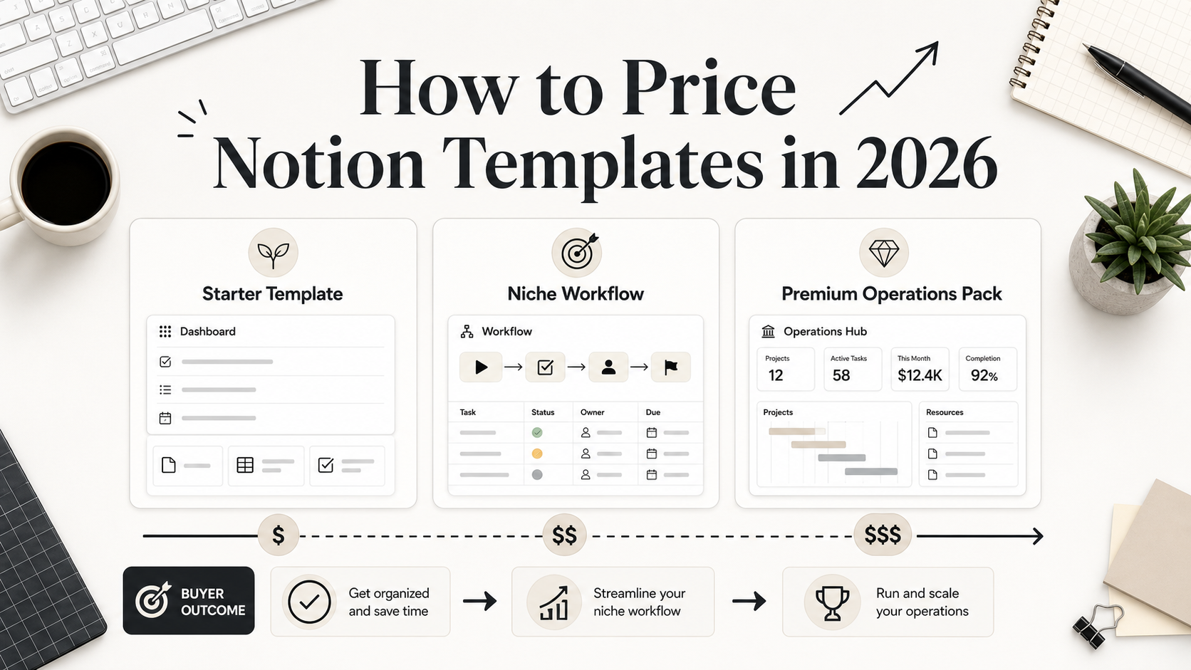 Pricing ladder for Notion templates showing starter, niche workflow, and premium operations pack tiers